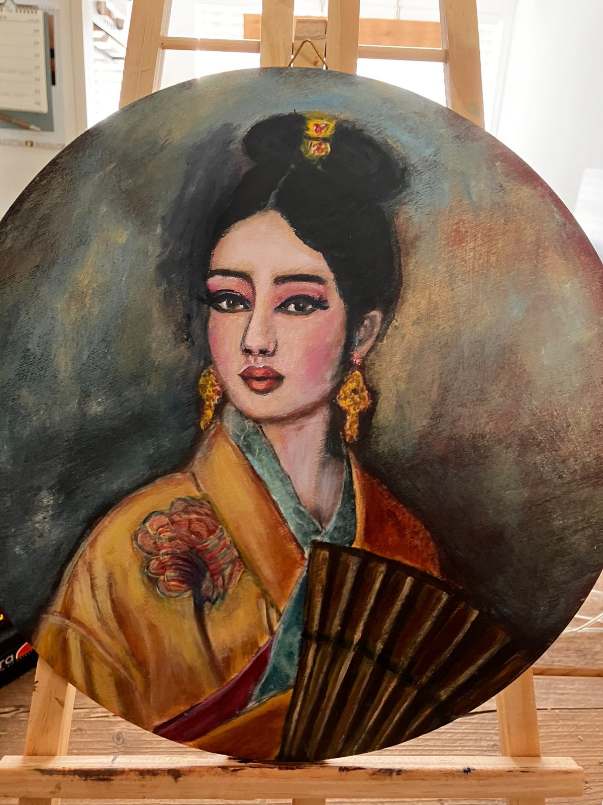 Handgeschilderd portret geisha, Acrylverf, Portret of Personen, Realistisch, Overige ondergronden