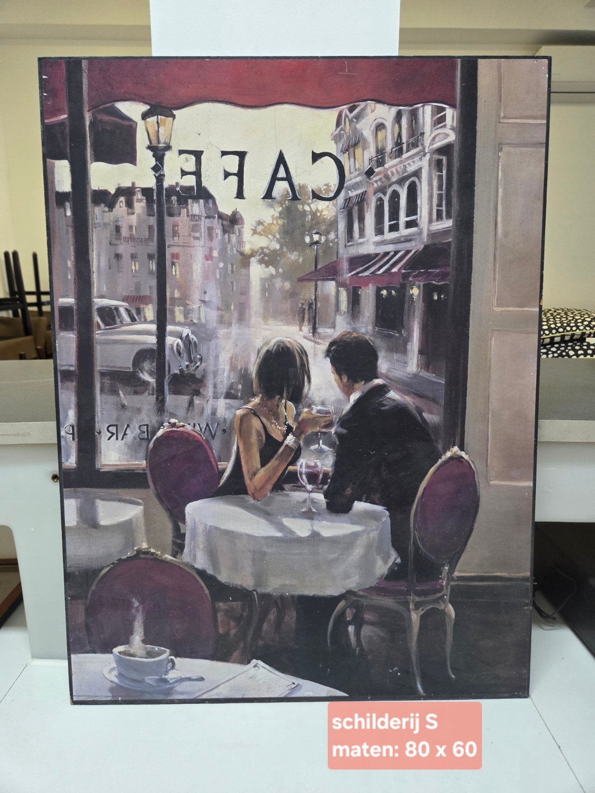 Romantisch Café Tafereel Schilderij - 80x60 cm, Antiek en Kunst, Kunst | Schilderijen | Klassiek, Ophalen, Doek, Portret of Personen