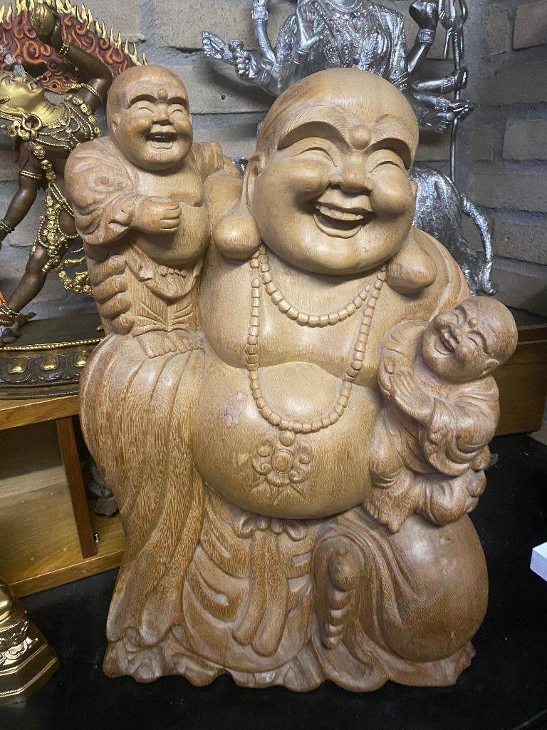 Handgesneden houten Happy Buddha beeld Indonesië, Nvt particulier, Ophalen of Verzenden, Zo goed als nieuw, Nvt particulier