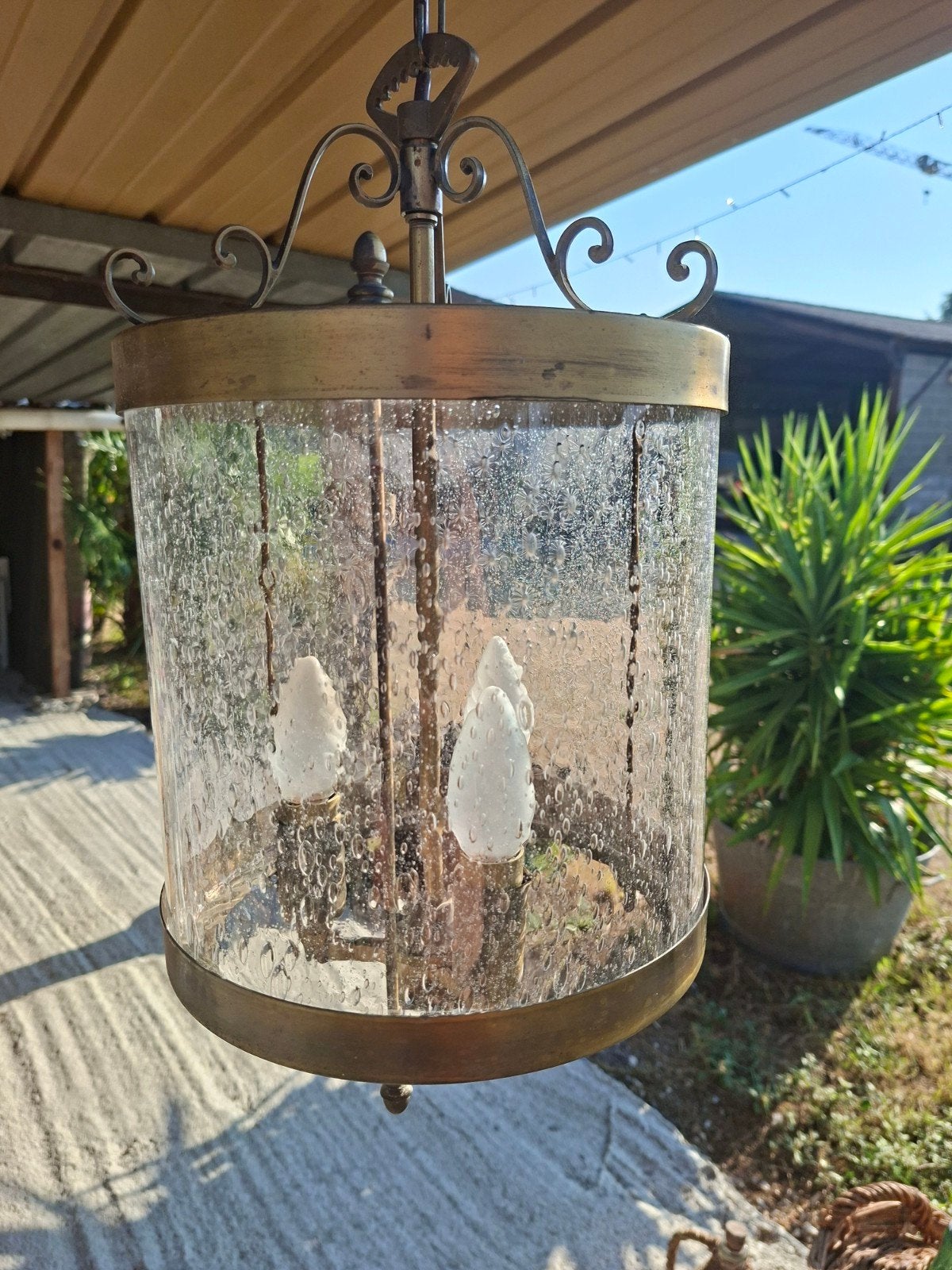 Vintage Messing Hanglamp met Getextureerd Glas, Ophalen of Verzenden