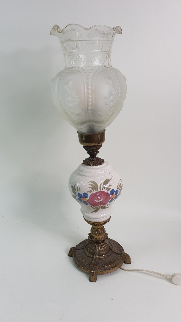 Antieke Italiaanse tafellamp, messing, aardewerk, glas. S13, Ophalen of Verzenden