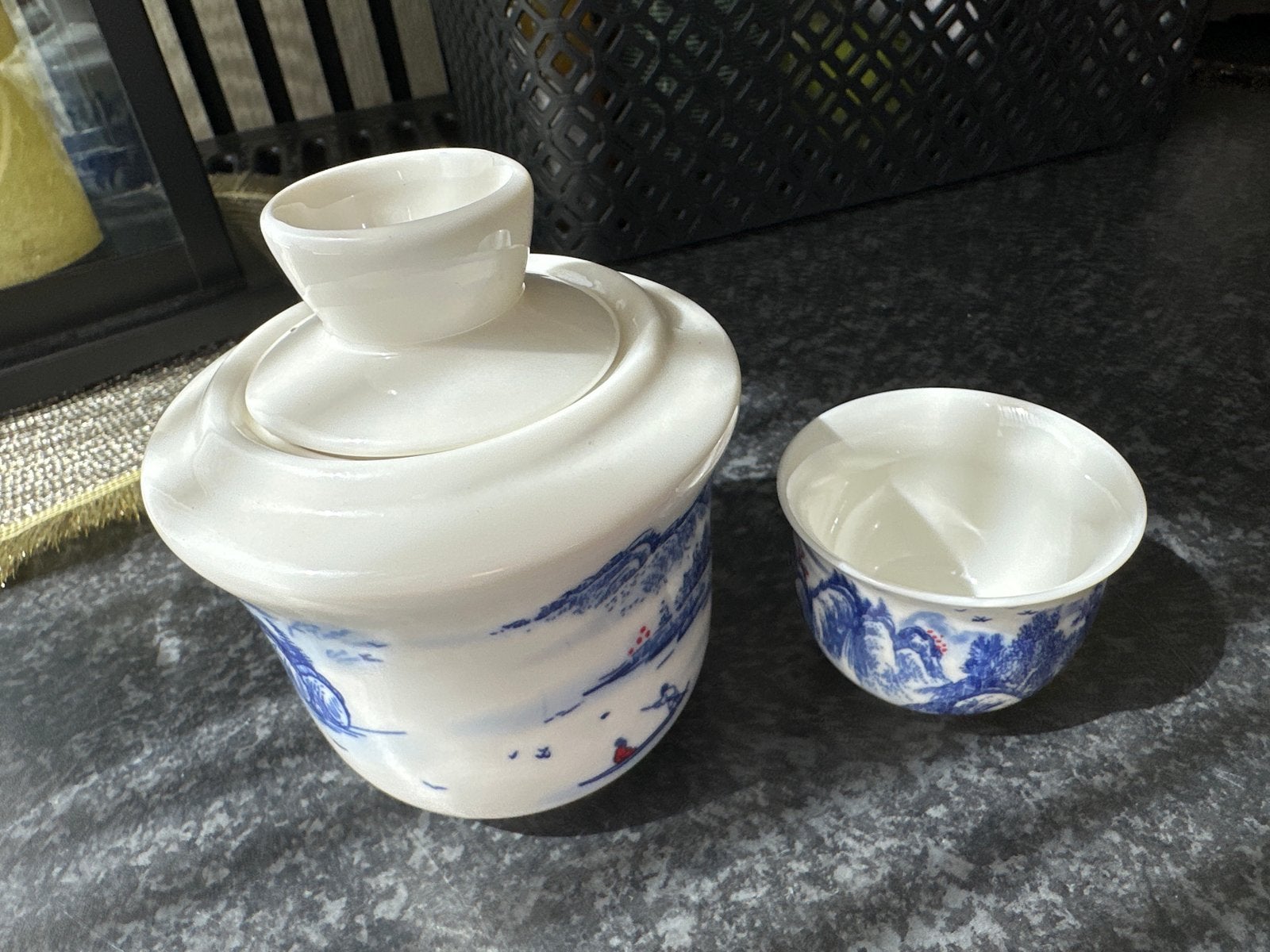 Vintage Chinees porseleinen theeset met blauw-wit decor, Antiek en Kunst, Ophalen of Verzenden