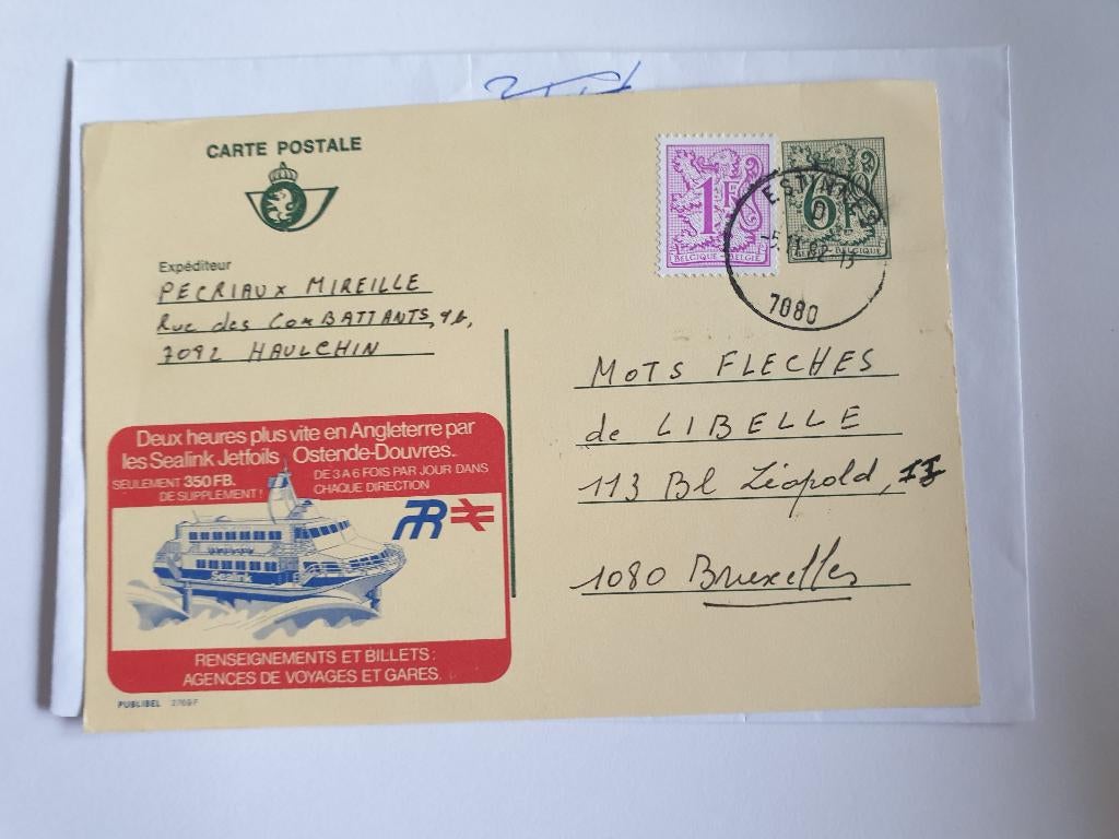 2567 belgie briefkaart met reclame oostende-dover boot, Verzenden