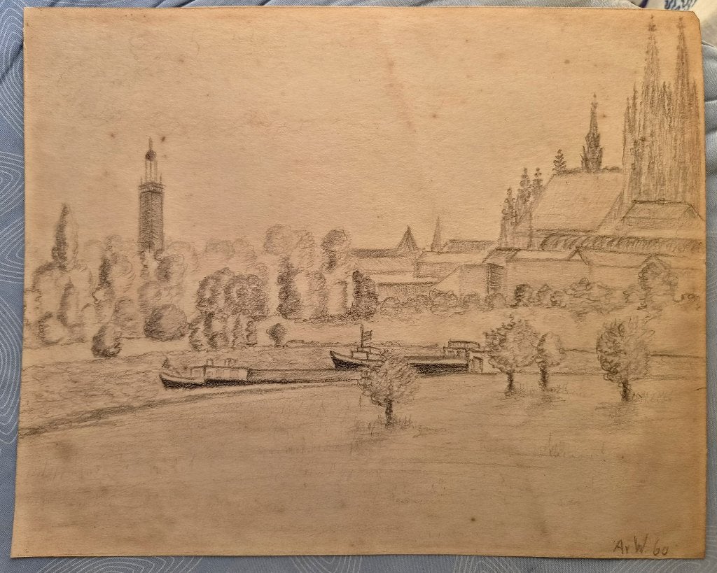 Potlood tekening 1960 AvW, landschap met kerk en bootjes, Impressionistisch, Ophalen of Verzenden, Landschap, Tekening