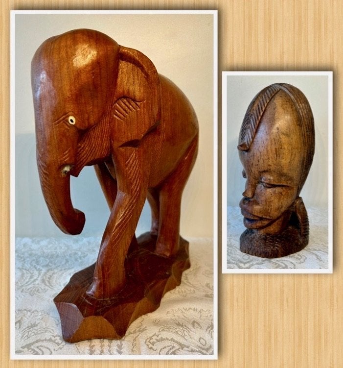 Houten olifant en buste - Handgesneden sculpturen, Antiek en Kunst, Ophalen of Verzenden, 20 - 50 cm, Beeld, Hout