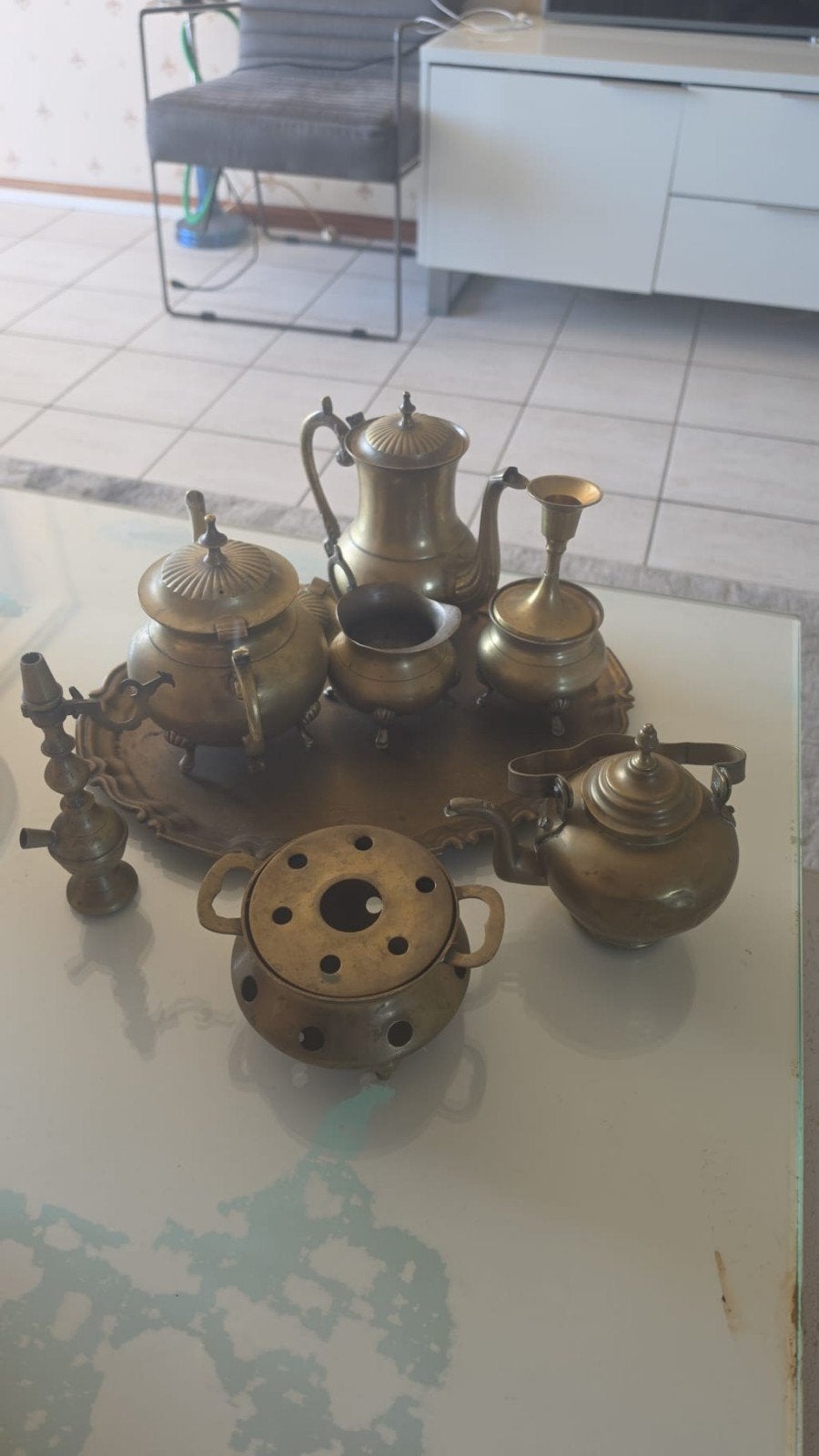 Antieke Koperen Theeservies Set met Dienblad, Ophalen of Verzenden, Koper