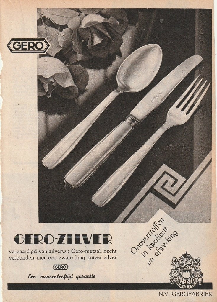 Retro reclame 1950 Gero zilver bestek zilverwit metaal, Verzenden, Overige typen