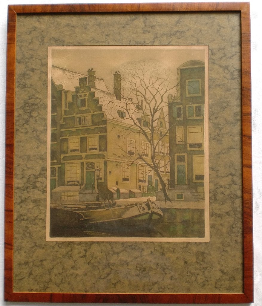 Frans Everbag - Herengracht, Ingelijste Kleurenets, 38x31 cm, Ets, Stadsgezicht, 59 cm, Ophalen of Verzenden