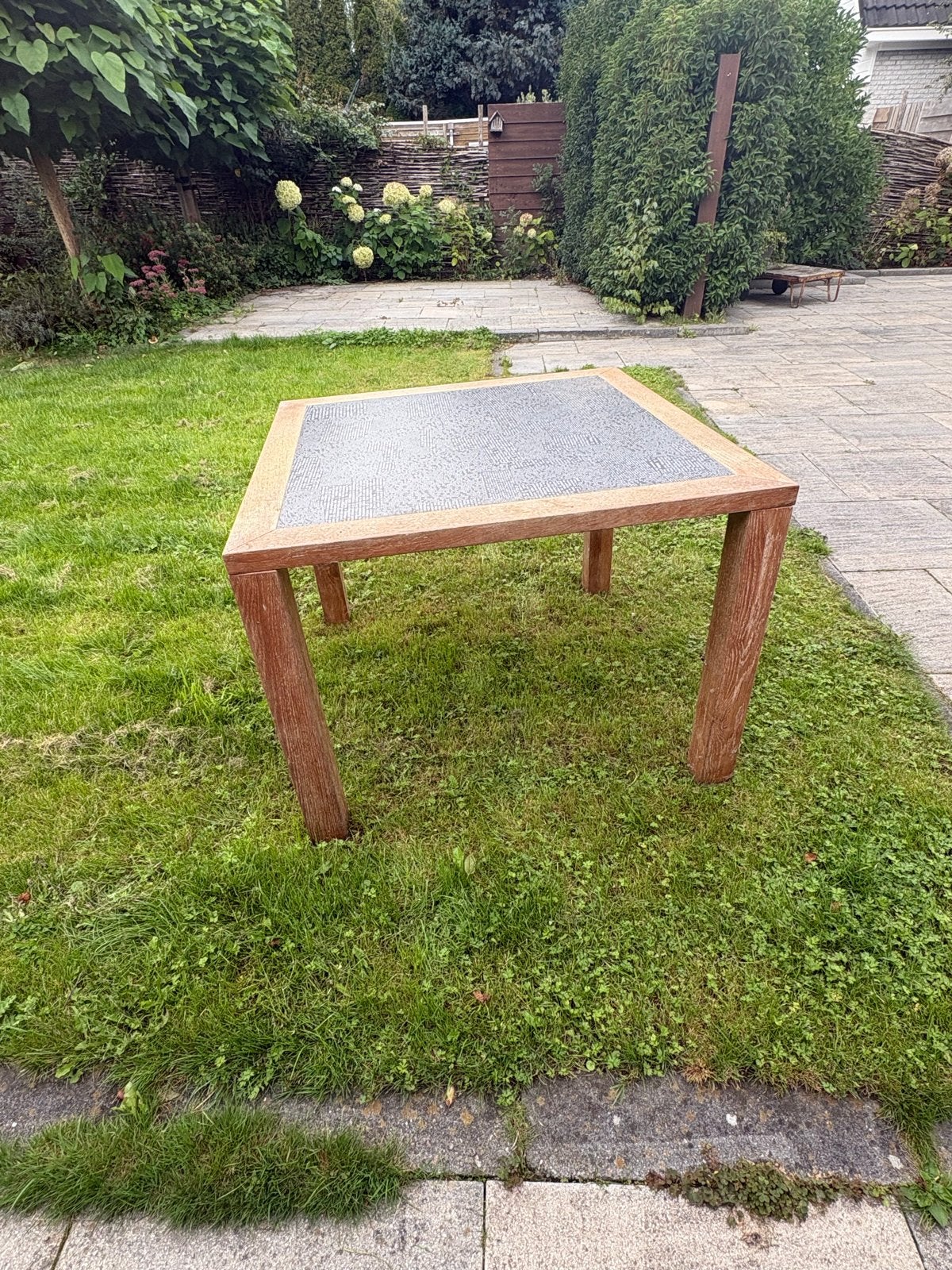 Vierkante houten tafel met uniek blad (100x100x76 cm), Ophalen, Gebruikt, 100 tot 150 cm, Vierkant