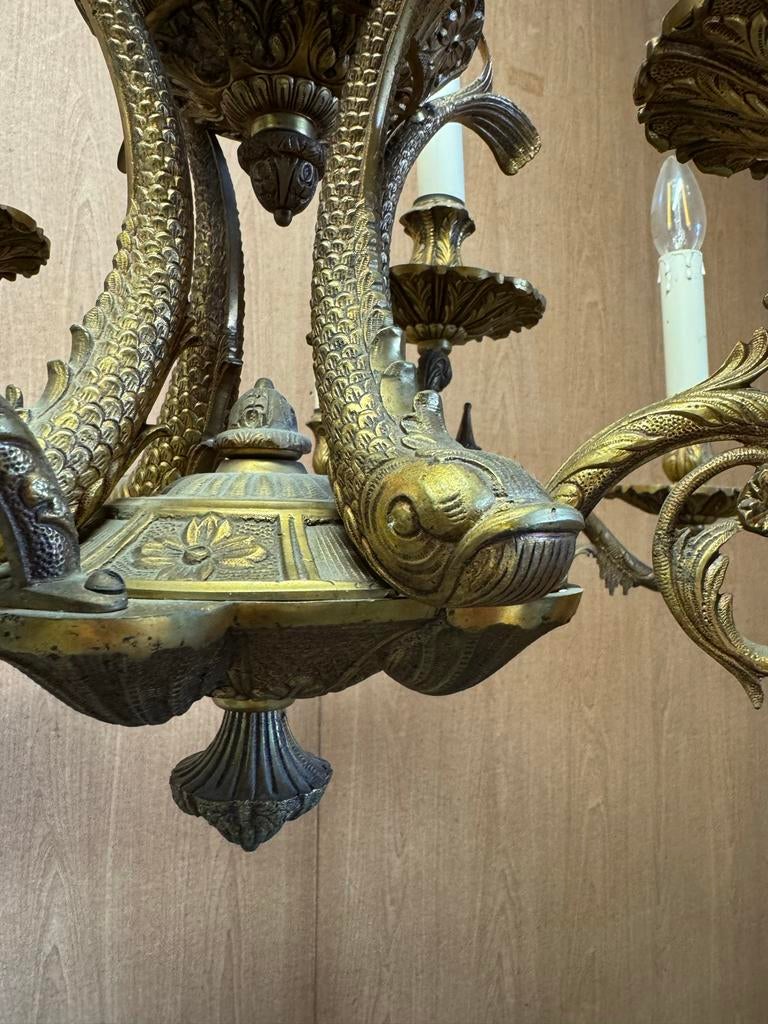 Antieke messing kroonluchter met zeepaardjes en vissen, Antiek en Kunst, Antiek | Lampen, Ophalen