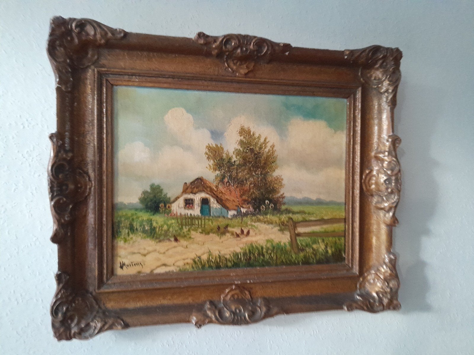 Schilderij Martens boerderij met kippen en mooie oude lijst, Antiek en Kunst, Ophalen, Doek, Gesigneerd, Landschap