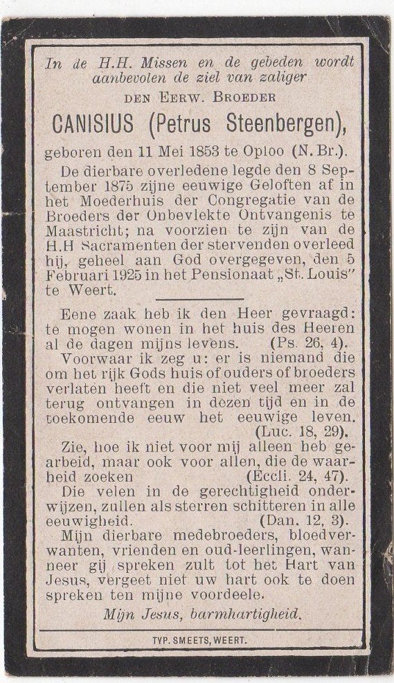 broeder Petrus Steenbergen 1853 Oploo + 1925 Weert, 71 jaar, Verzenden