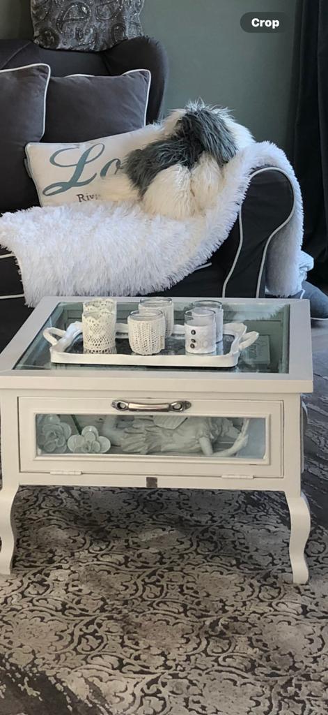 Witte salontafel met glazen blad en lade Riviera maison, Ophalen, Landelikj, Vierkant, 50 tot 100 cm