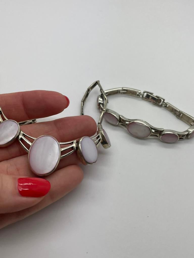 D725 Prachtige zilveren sieradenset roze parelmoer, Sieraden, Tassen en Uiterlijk, Antieke sieraden, Ophalen of Verzenden, Zilver