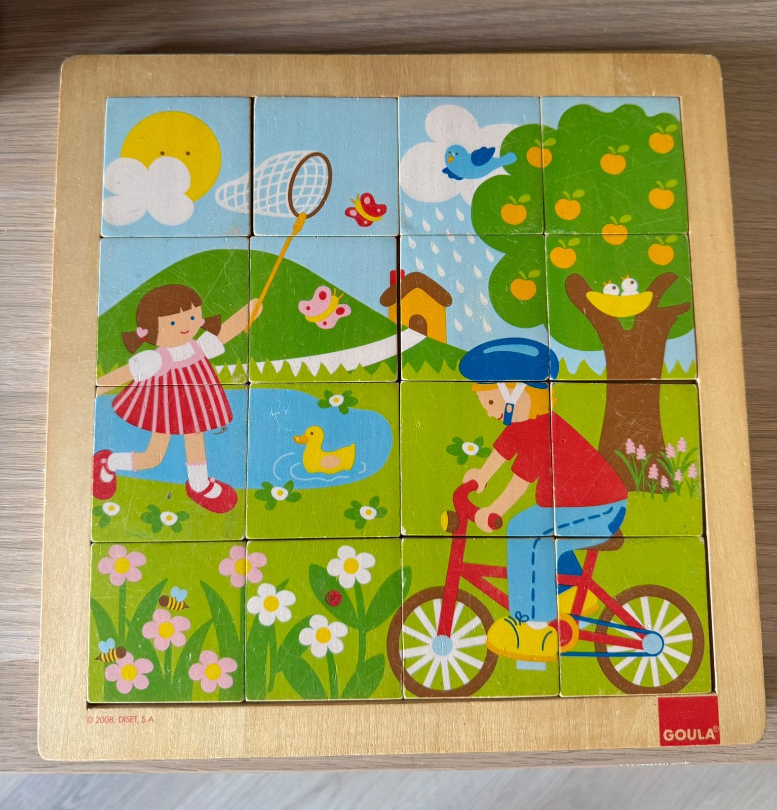 Goula Houten Blokkenpuzzel - Lente Scène, Kinderen en Baby's, Speelgoed | Kinderpuzzels, 2 tot 4 jaar, Gebruikt, 10 tot 50 stukjes