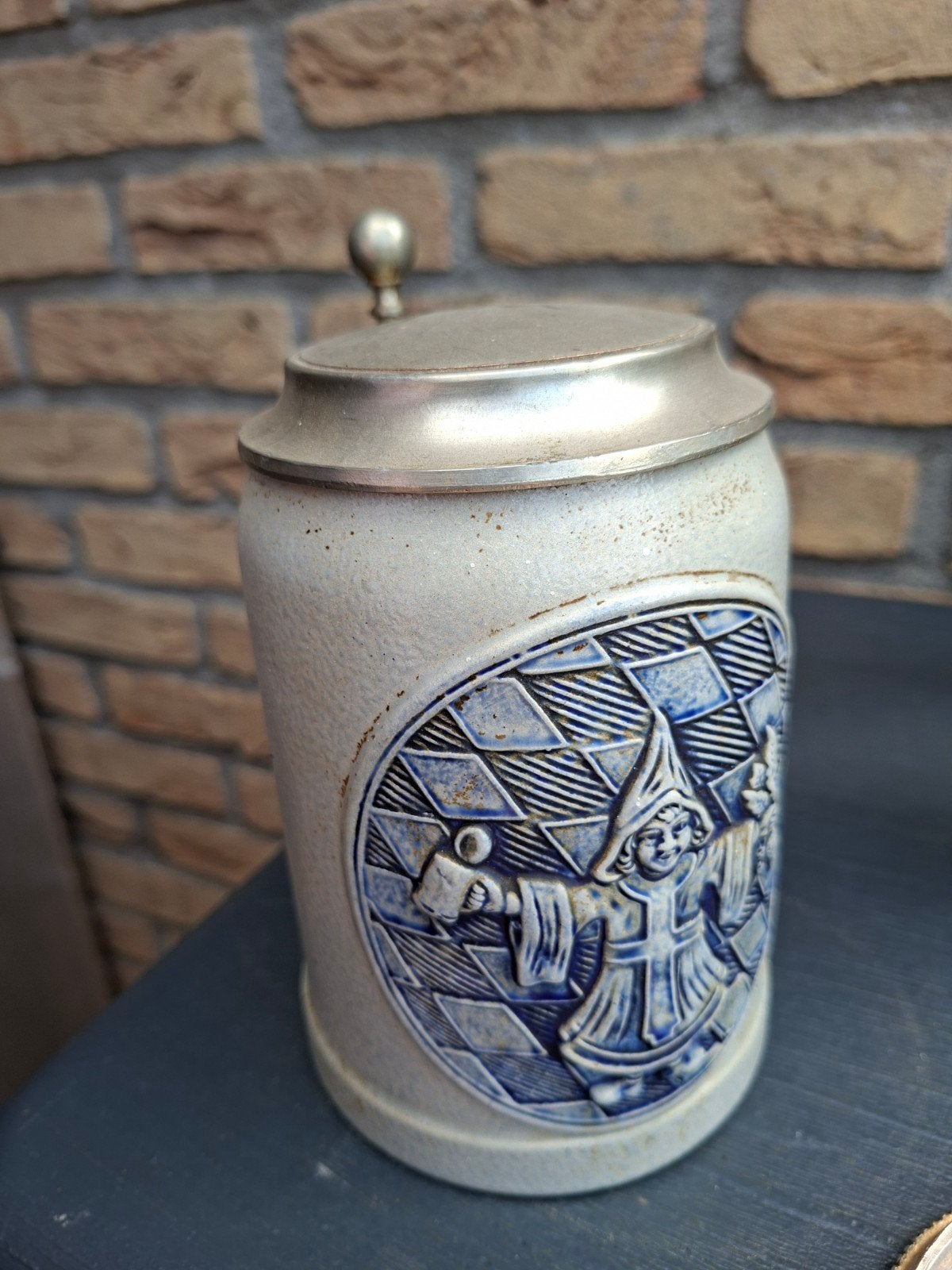 Vintage Bierpul met Tinnen Deksel - Keramiek, Ophalen of Verzenden