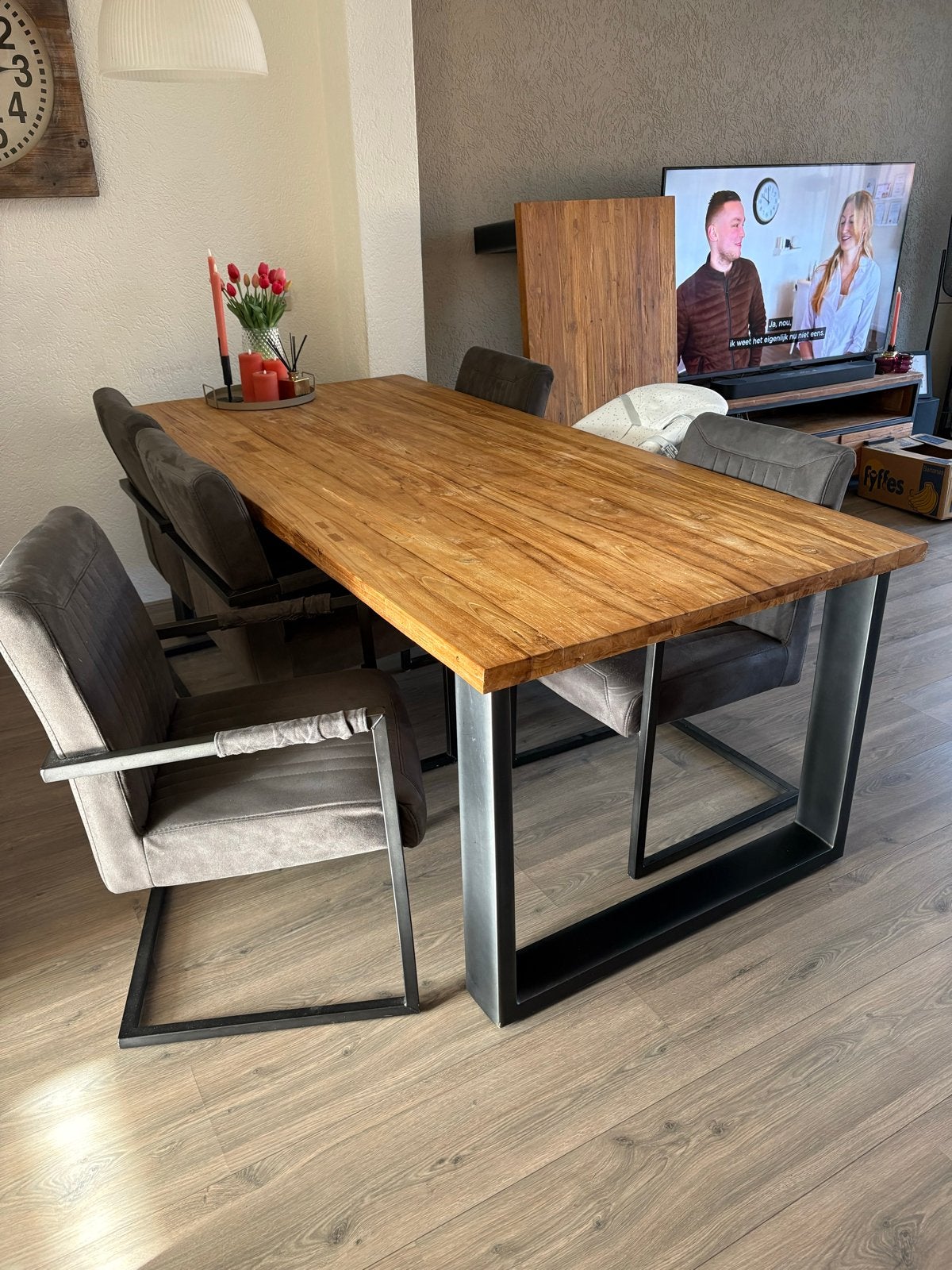 Eetkamerset: Tafel 100x220 cm met 6 antraciete stoelen, Ophalen, Gebruikt, 100 tot 150 cm, 200 cm of meer