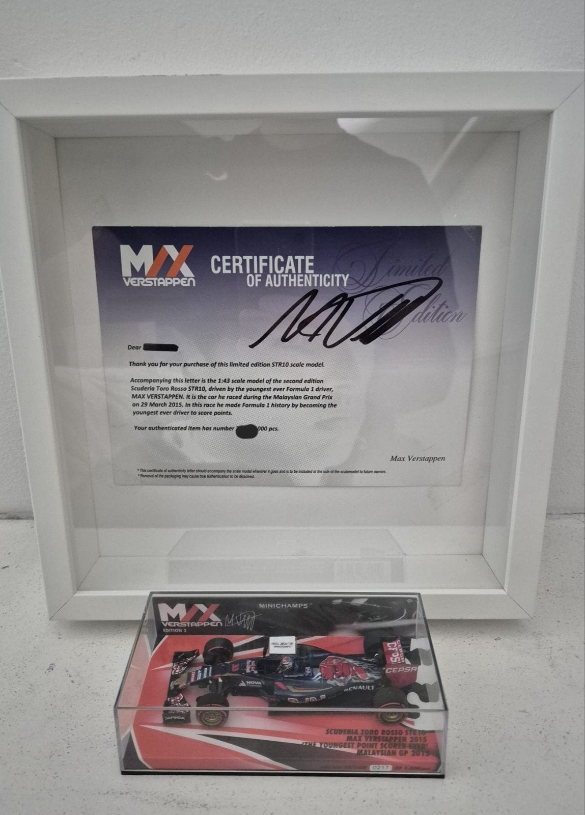 MAX VERSTAPPEN 1:43 TORO ROSSO STR10 EDITIE 2 MALEISIE 2015, Ophalen, Nieuw, Auto, MiniChamps