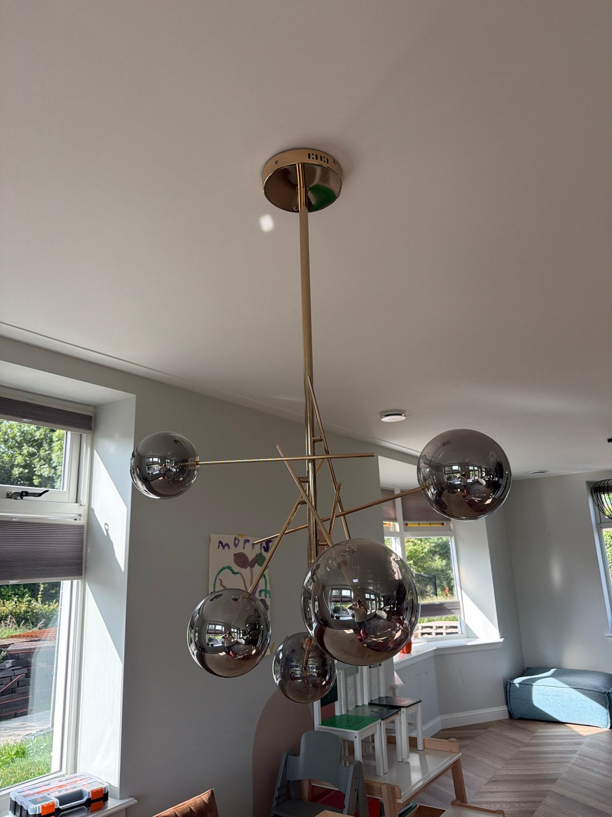 Moderne hanglamp met 5 glazen bollen - Goud/Zilver, Ophalen, Zo goed als nieuw, Glas, Overige fittingen