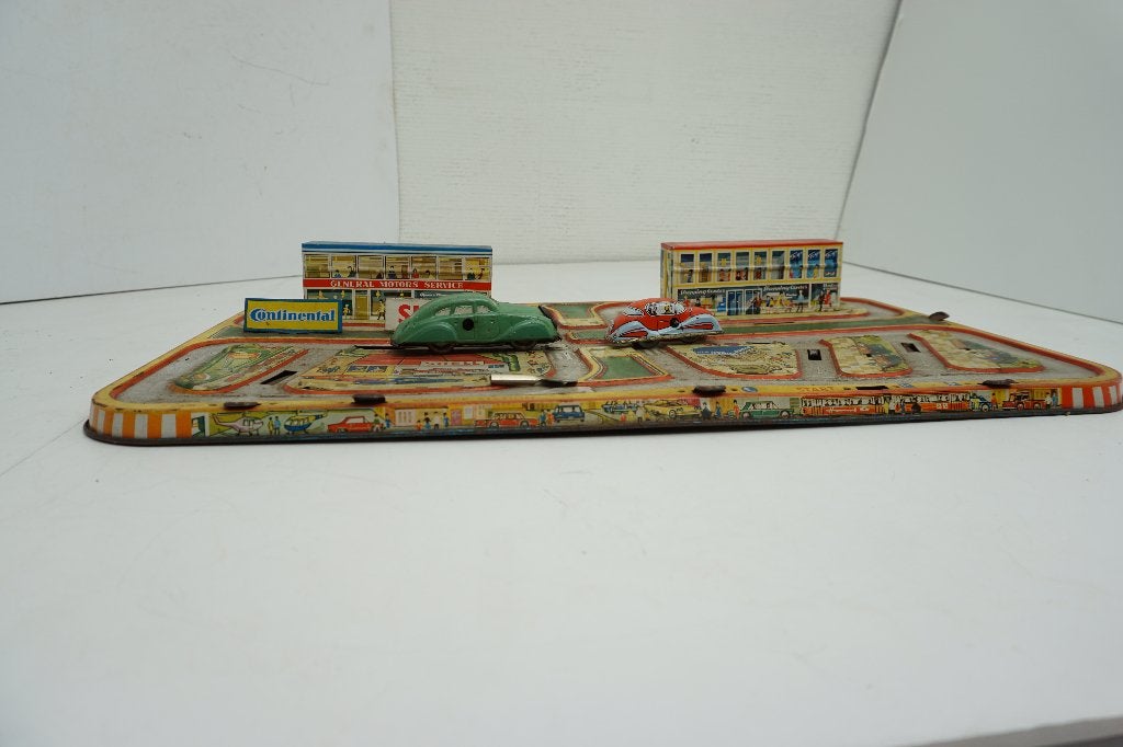 Vintage blikken speelgoedbaan met auto's, Ophalen of Verzenden