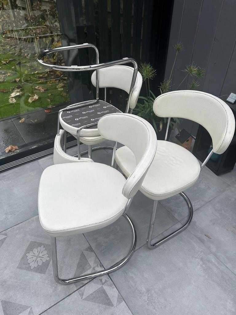 Set van 8 Effezeta eetkamerstoelen - Wit met chroom, Huis en Inrichting, Gebruikt, Wit, Leer, Ophalen of Verzenden