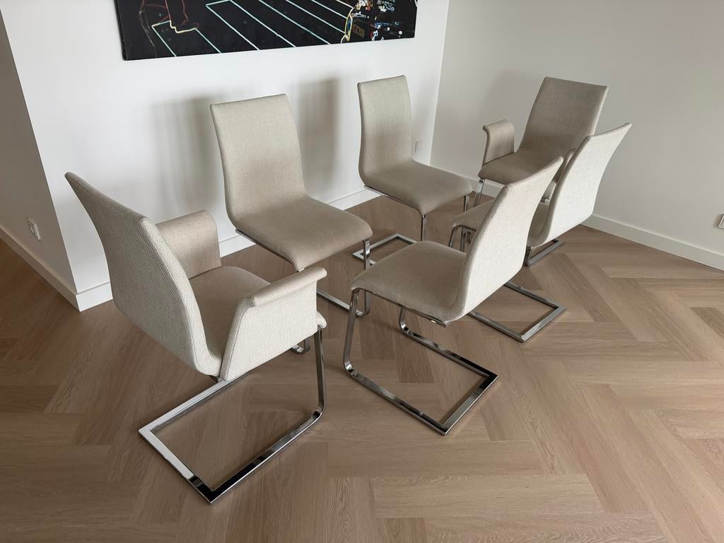 6 slede design eetkamerstoelen in zeer nette staat, Huis en Inrichting, Stoelen, Ophalen, Overige kleuren, Zo goed als nieuw, Stof