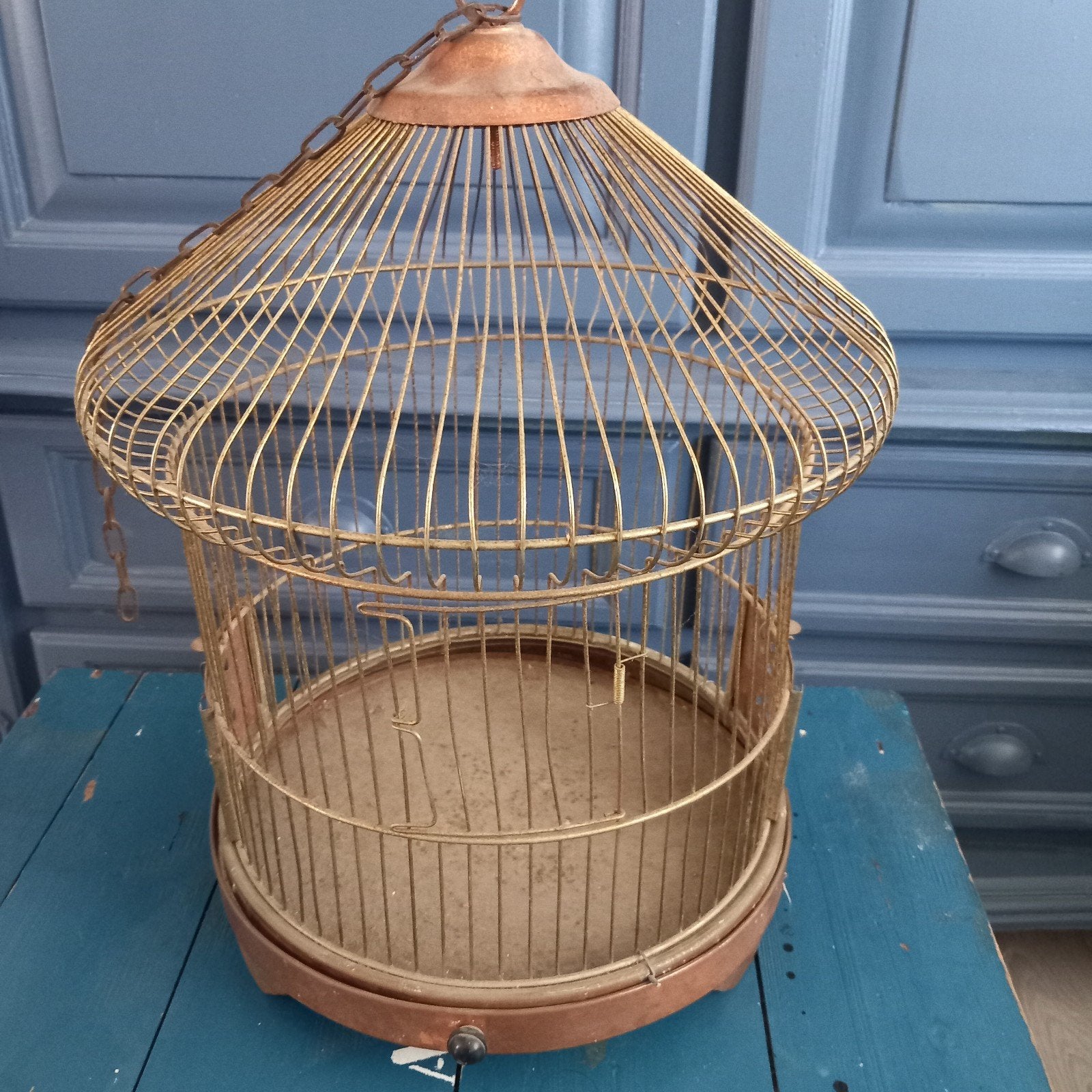 Antieke koperen decoratieve vogelkooi met ketting, Ophalen of Verzenden