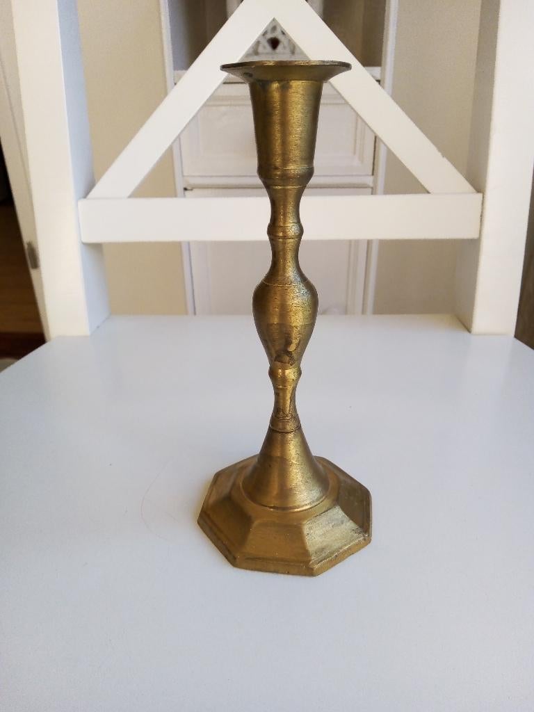 vintage messing baluster kandelaar met 6 hoekige voet, Ophalen of Verzenden, Gebruikt, Overige materialen, Minder dan 25 cm