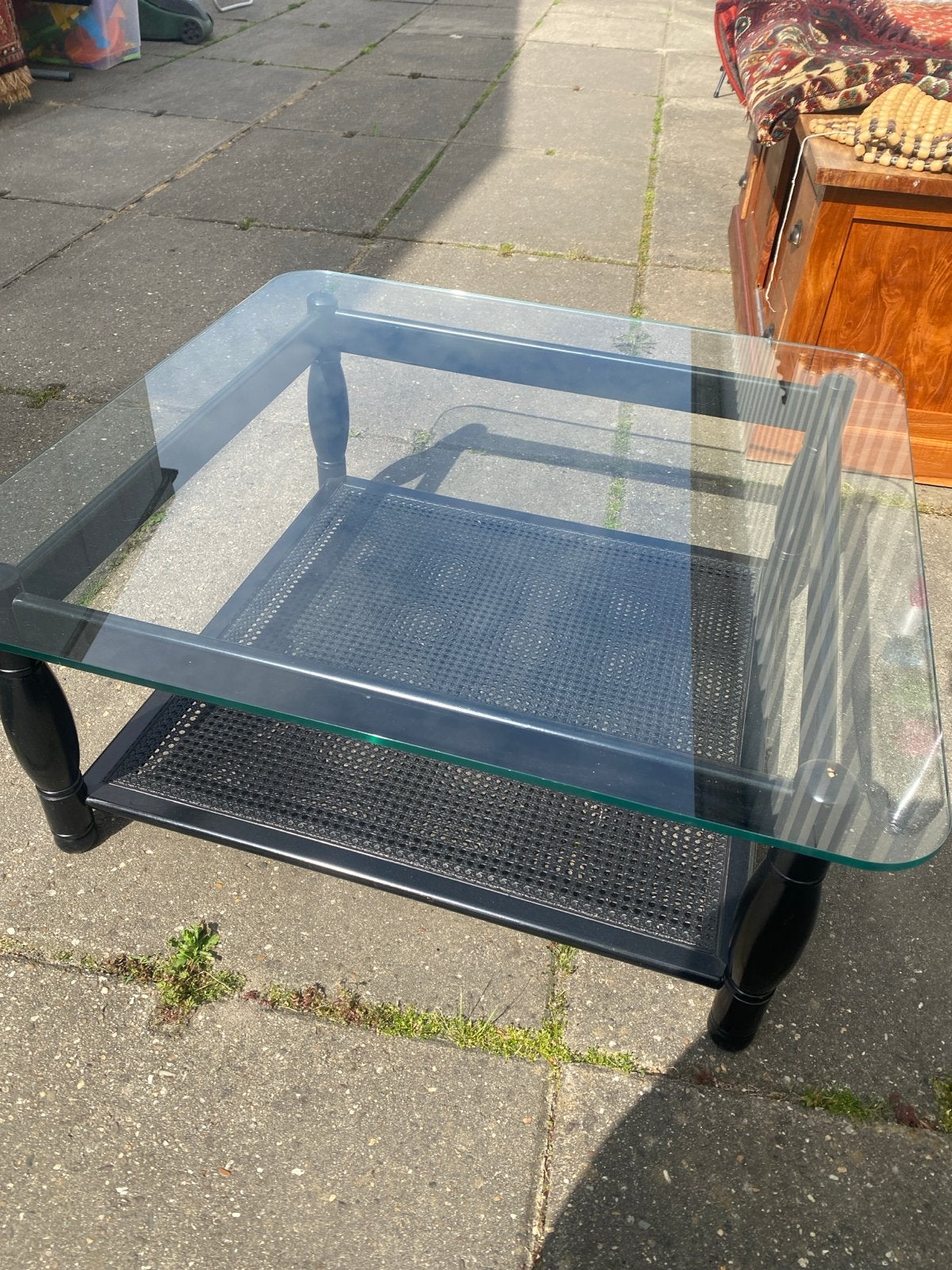 Glazen salontafel met zwart onderstel, Ophalen, Gebruikt, Vierkant, 50 tot 100 cm