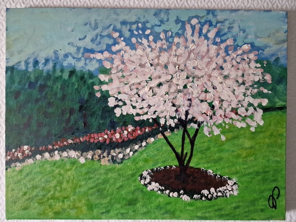 kersenbloesem - olieverf schilderij op doek - 30x40 cm, Minder dan 50 cm, Oorspronkelijke maker, Nieuw, Ophalen of Verzenden