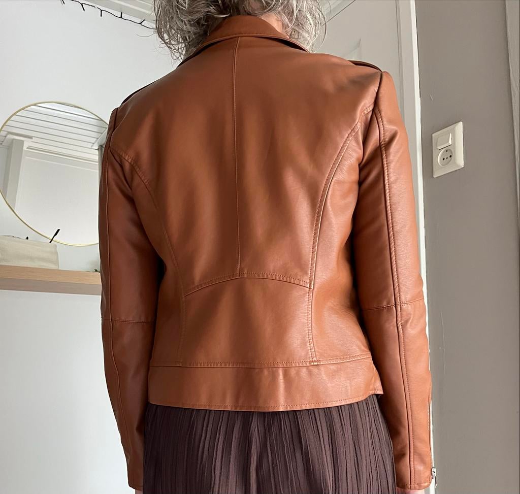 Bruine leren bikerjack, Ophalen of Verzenden, Gedragen, Maat 38/40 (M), Bruin