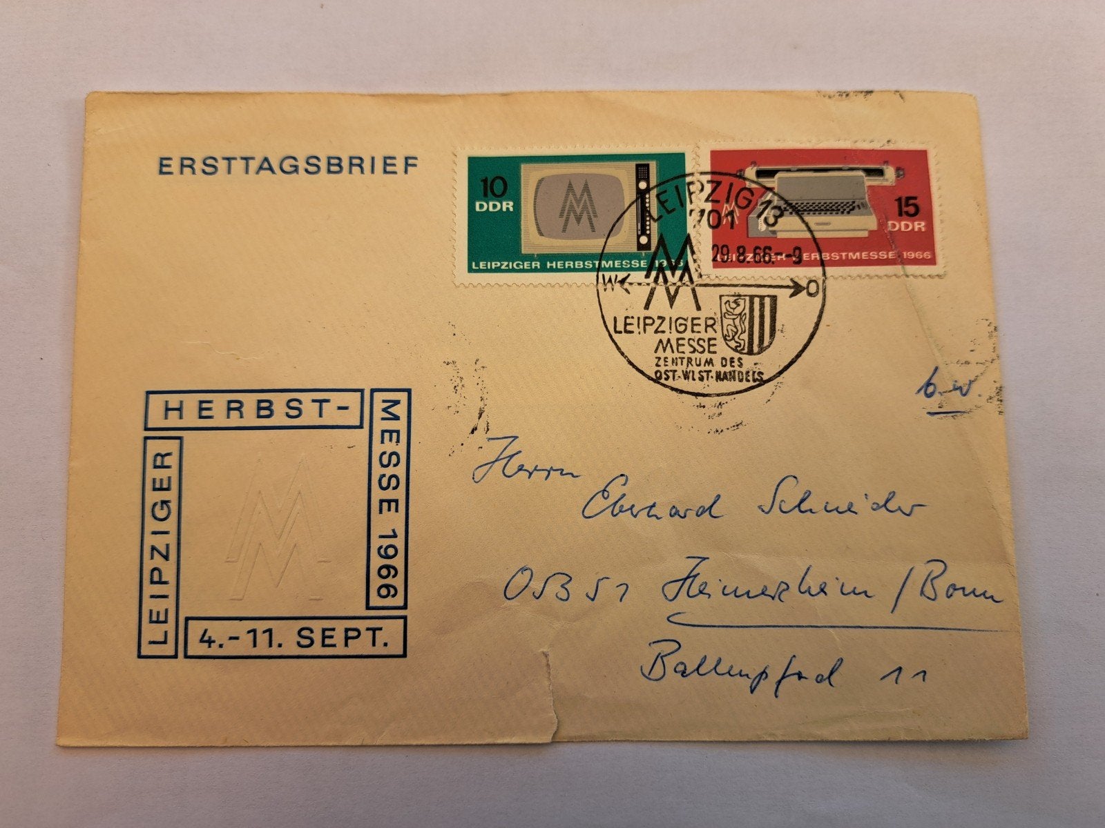 Eerstedagenvelop Leipzig Herfstbeurs 1966 DDR, Ophalen of Verzenden, Beschreven, Europa
