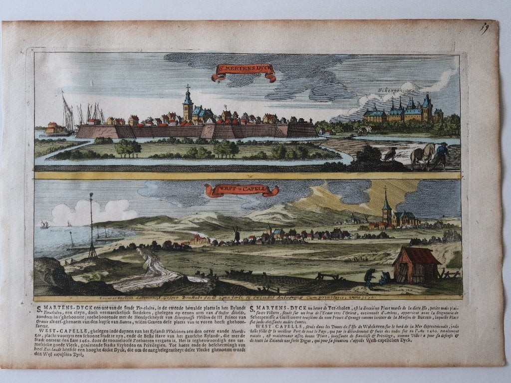 Antieke prent St Maartensdijk Westkapelle 1674 Zeeland, Antiek en Kunst, Ophalen of Verzenden, Gravure, Handgekleurd