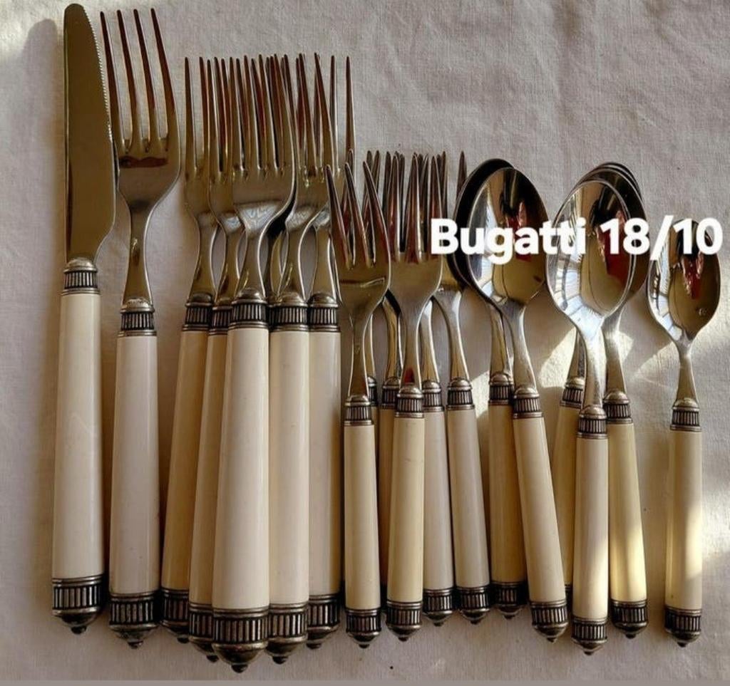 Italy Bugatti 18/10 retro vintage bestek metalen omhulsels, Ophalen of Verzenden, Rvs of Chroom