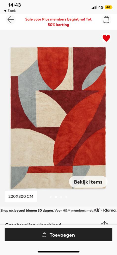 Groot wollen vloerkleed 200x300 h&m, Huis en Inrichting, Stoffering | Tapijten en Kleden, Ophalen, Gebruikt, 200 cm of meer, Rechthoekig