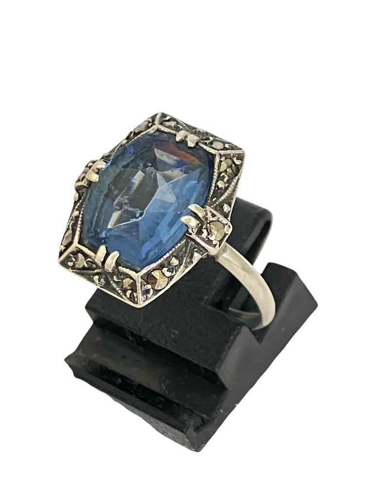 Antieke zilveren Art Deco ring met blauwe steen, mt 18,5, Sieraden, Tassen en Uiterlijk, Antieke sieraden, Verzenden, Zilver, Ring