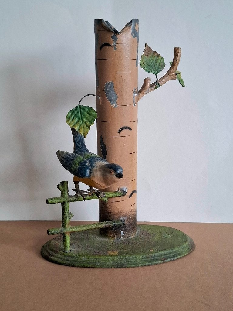 Antiek tin bloemenvaasje met vogeltje handbeschilderd, Antiek en Kunst, Ophalen of Verzenden