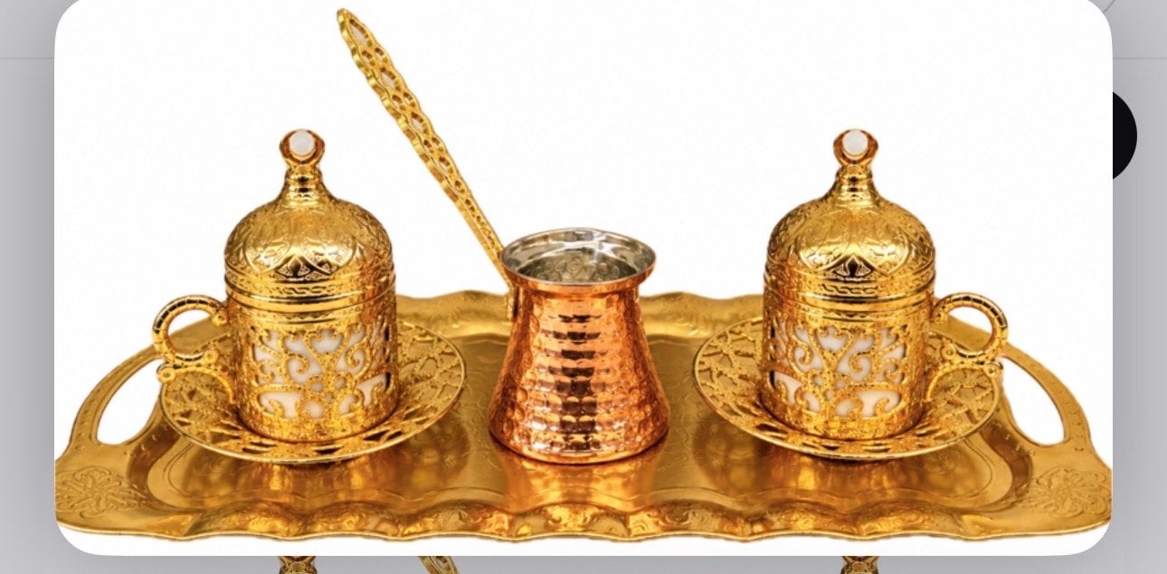 Turkse koffieset - Goudkleurig met koperen cezve, Ophalen, Aziatisch, Nieuw, Metaal