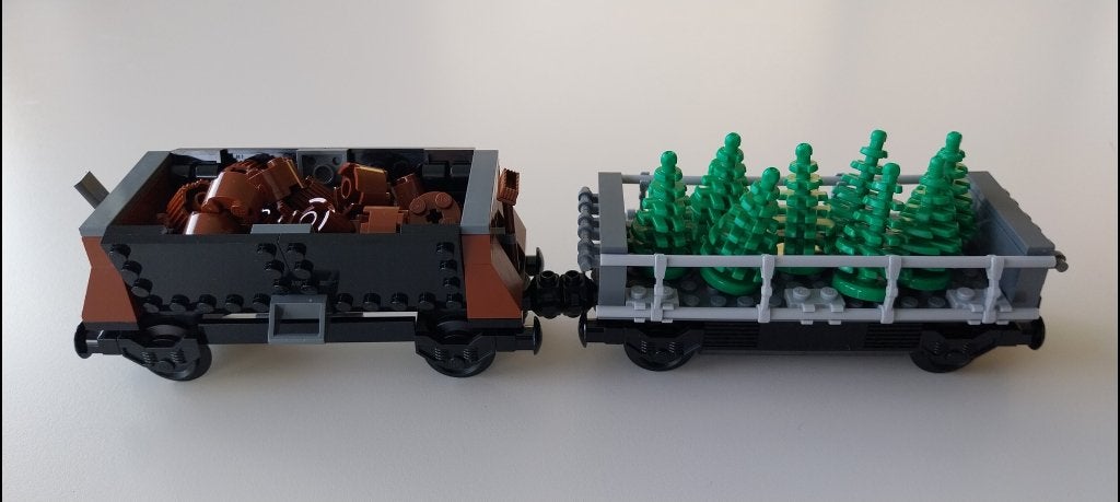 Lego trein: kiepwagon houtblokken + wagon dennentransport, City, Lego, Nieuw, Ophalen of Verzenden