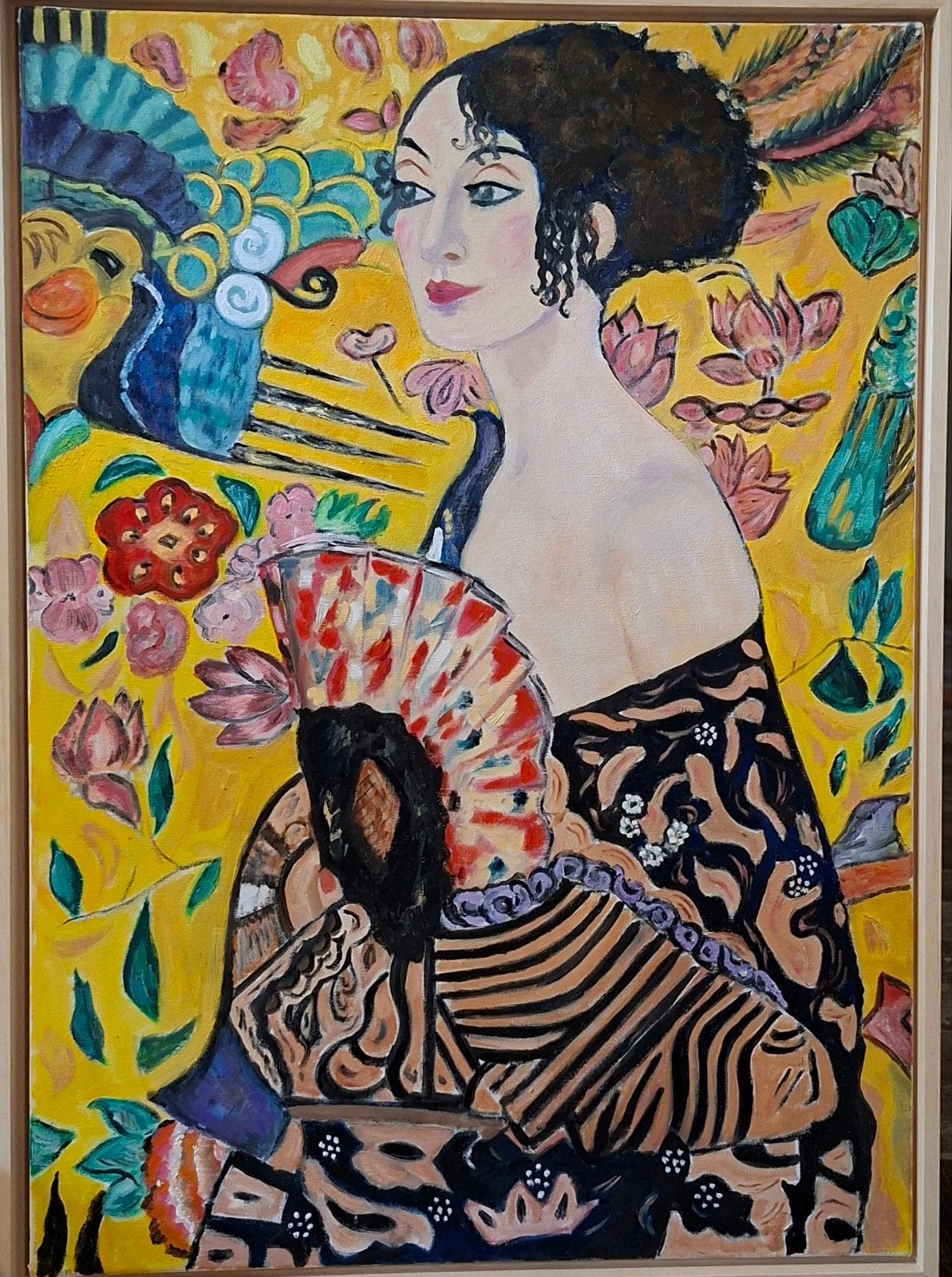 Olieverfschilderij 'Dame met waaier' - Art Deco stijl, Ophalen, Ingelijst, Doek, Portret of Personen