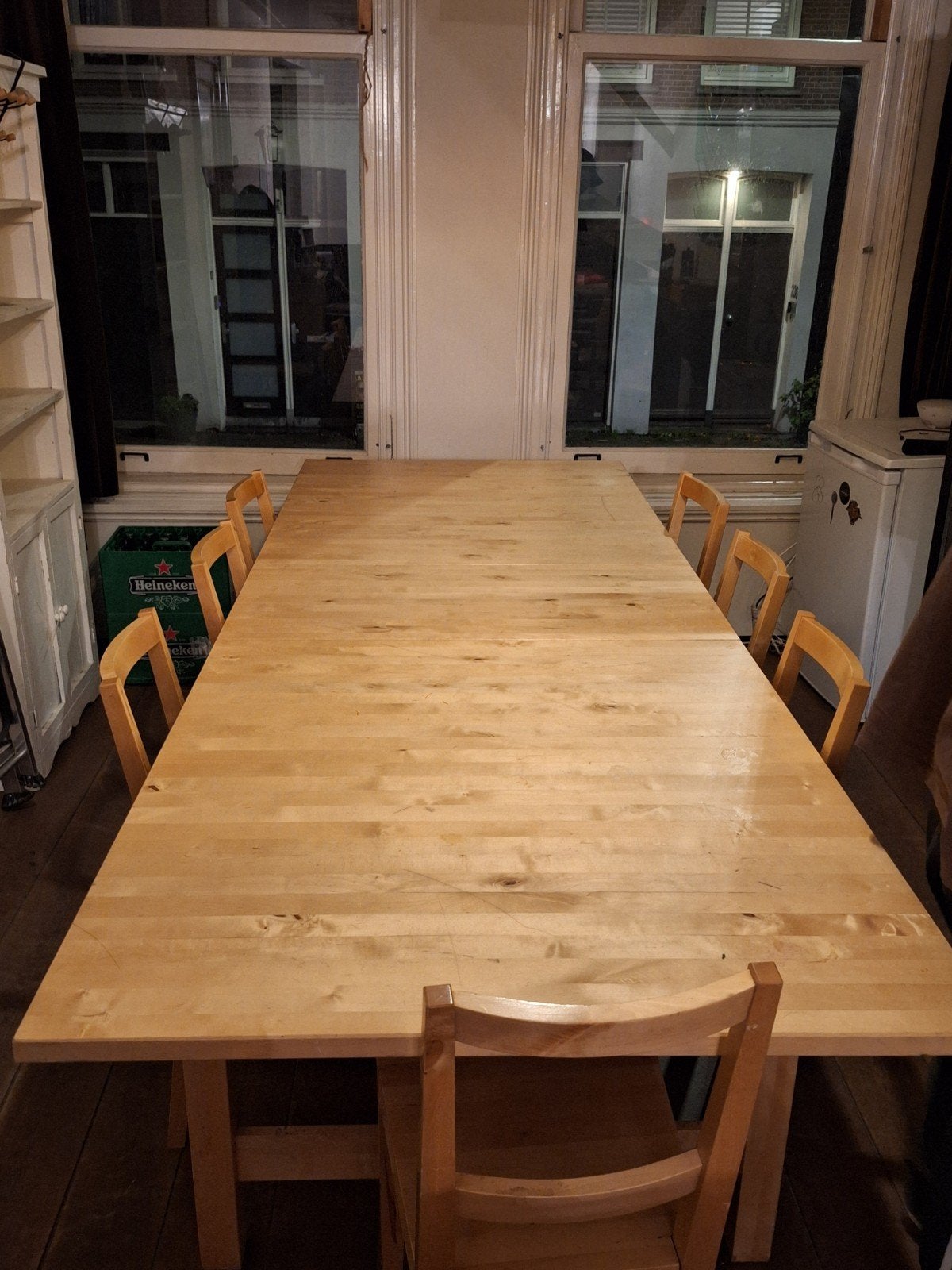 Grote houten eettafel met stoelen (220x100 cm), Ophalen, Gebruikt, 200 cm of meer, 50 tot 100 cm