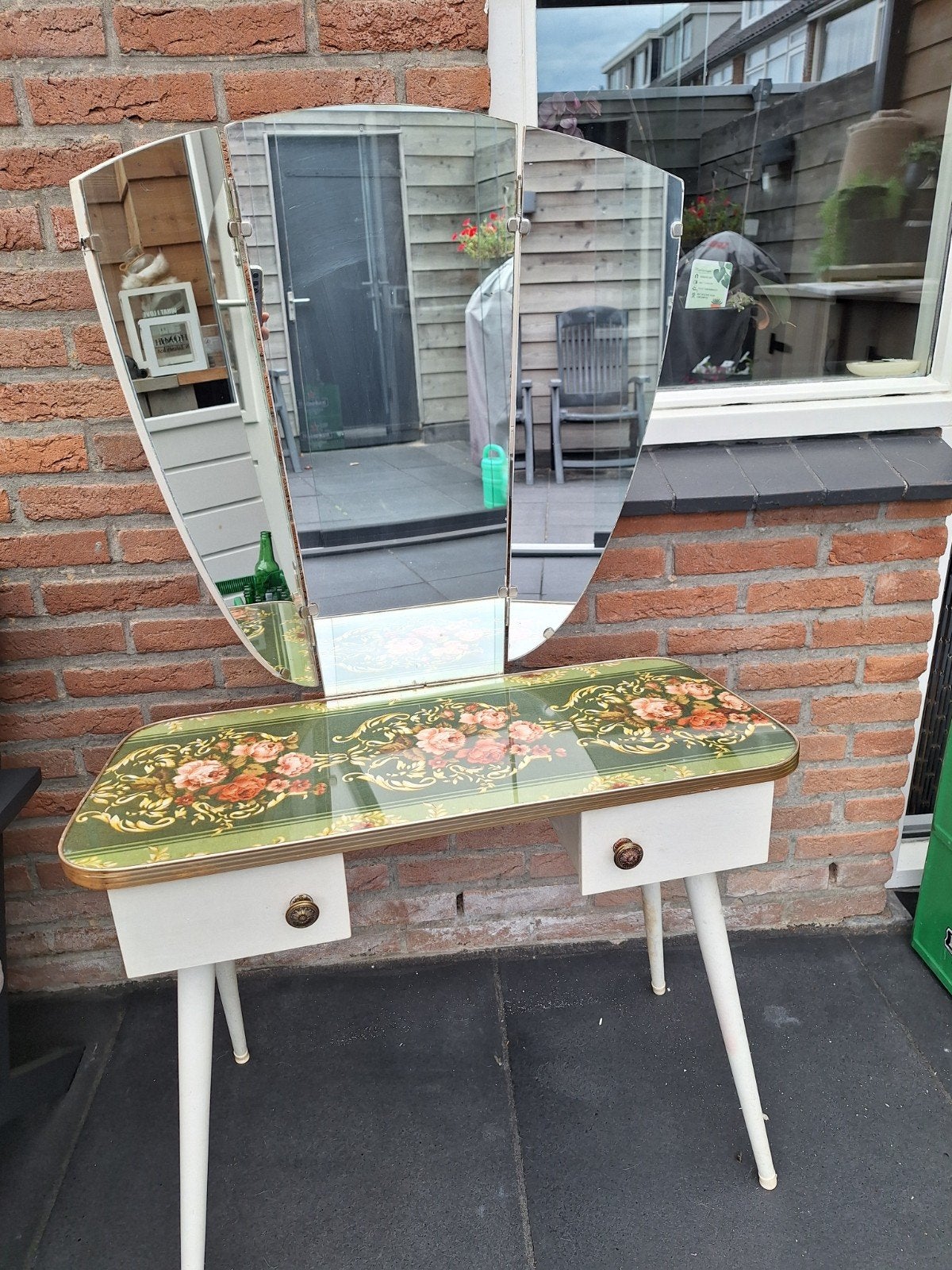 Vintage kaptafel met spiegel en bloemmotief, Antiek en Kunst, Ophalen