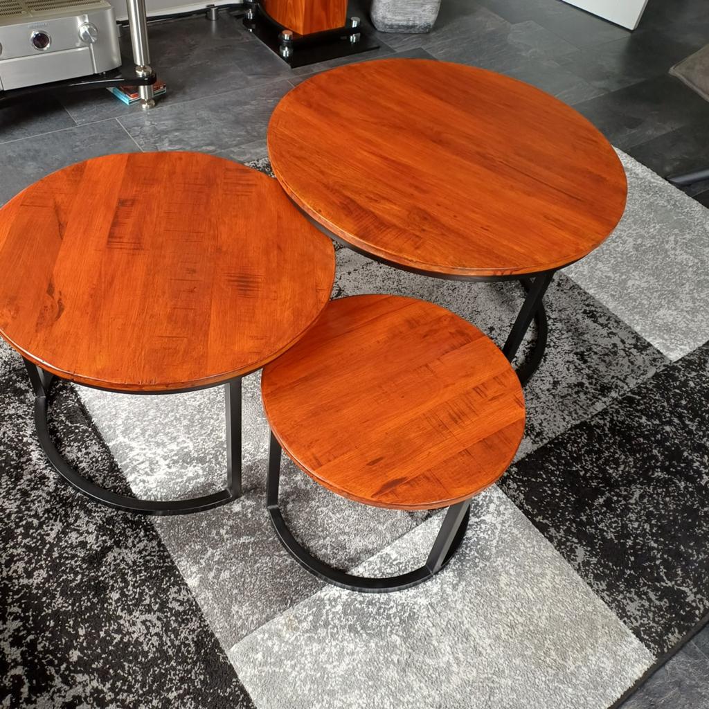 Mooie set van 3 salontafels, mangohout in mahoniekleur., Ophalen, 50 tot 100 cm, Rond, 50 tot 100 cm