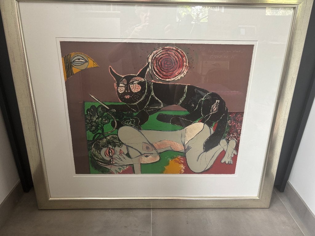Corneille zeefdruk, La Femme au chat, 1975, Ophalen, Zeefdruk, Ingelijst, Overige onderwerpen