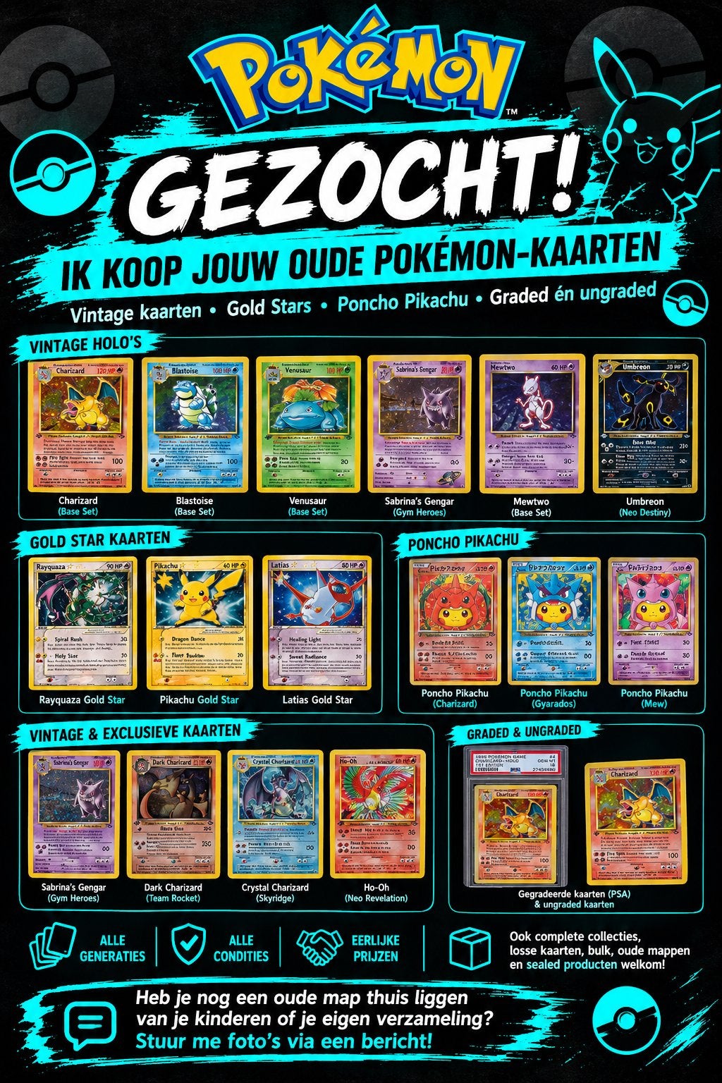 Gezocht: Oude Pokémon-kaarten - Vintage, Gold Stars, Poncho, Ophalen of Verzenden, Gebruikt, Losse kaart