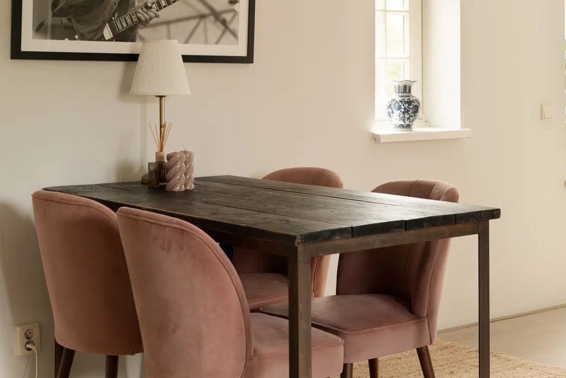 Eettafel met 4 roze fluwelen stoelen, Ophalen, Gebruikt, Overige kleuren, Vier