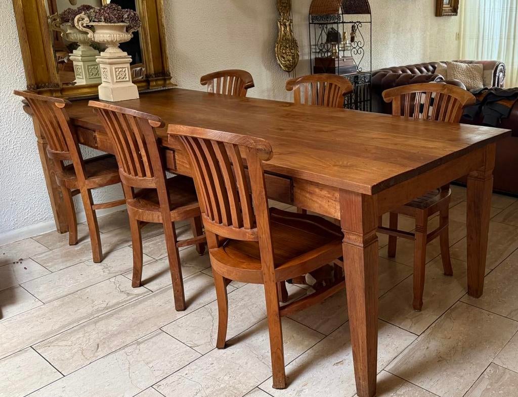 Teak houten eetkamertafel met 6 stoelen, Huis en Inrichting, Tafels | Eettafels, Ophalen, Gebruikt, Teakhout, 200 cm of meer