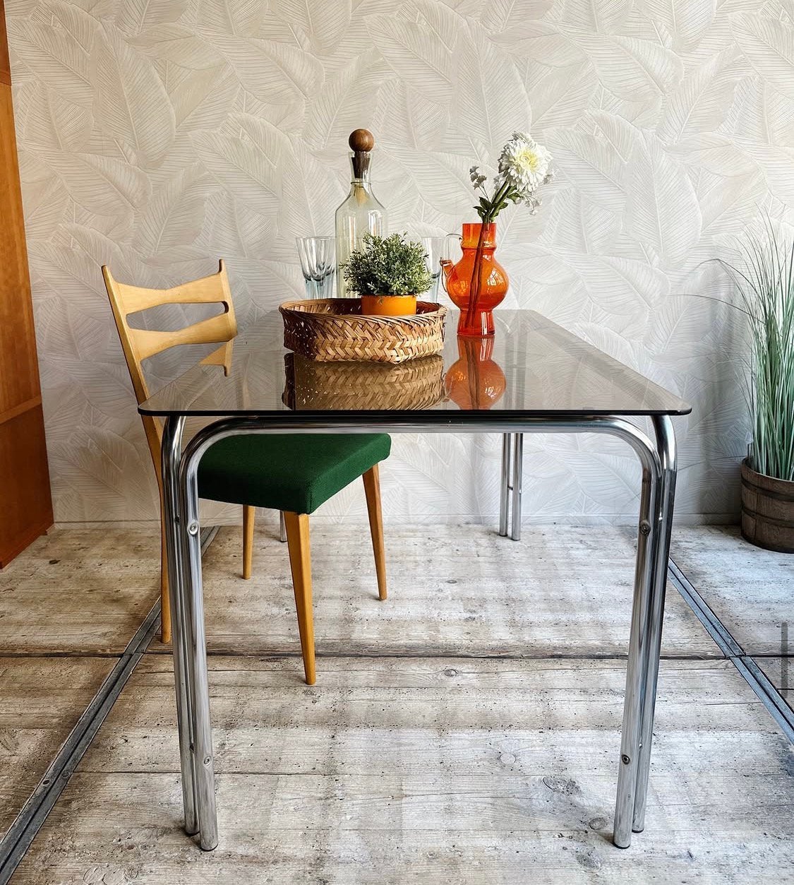 Vintage eettafel met rookglas/ chroom, Ophalen, X, X, Xx