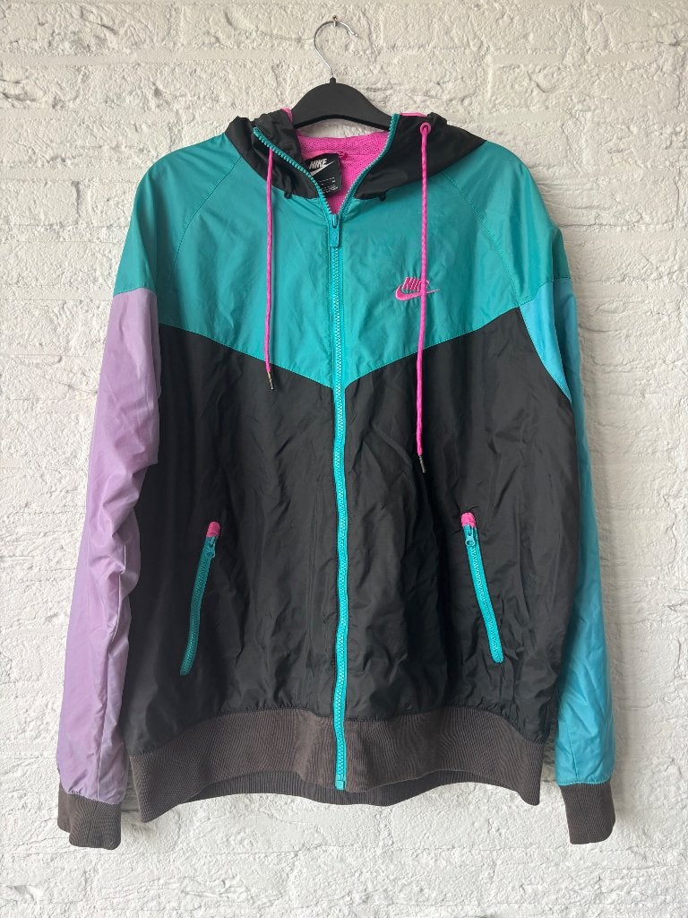 Nike Windrunner jas 90’s Vintage Turquoise Roze Zwart M, Overige kleuren, Maat 48/50 (M), Nike, Ophalen of Verzenden