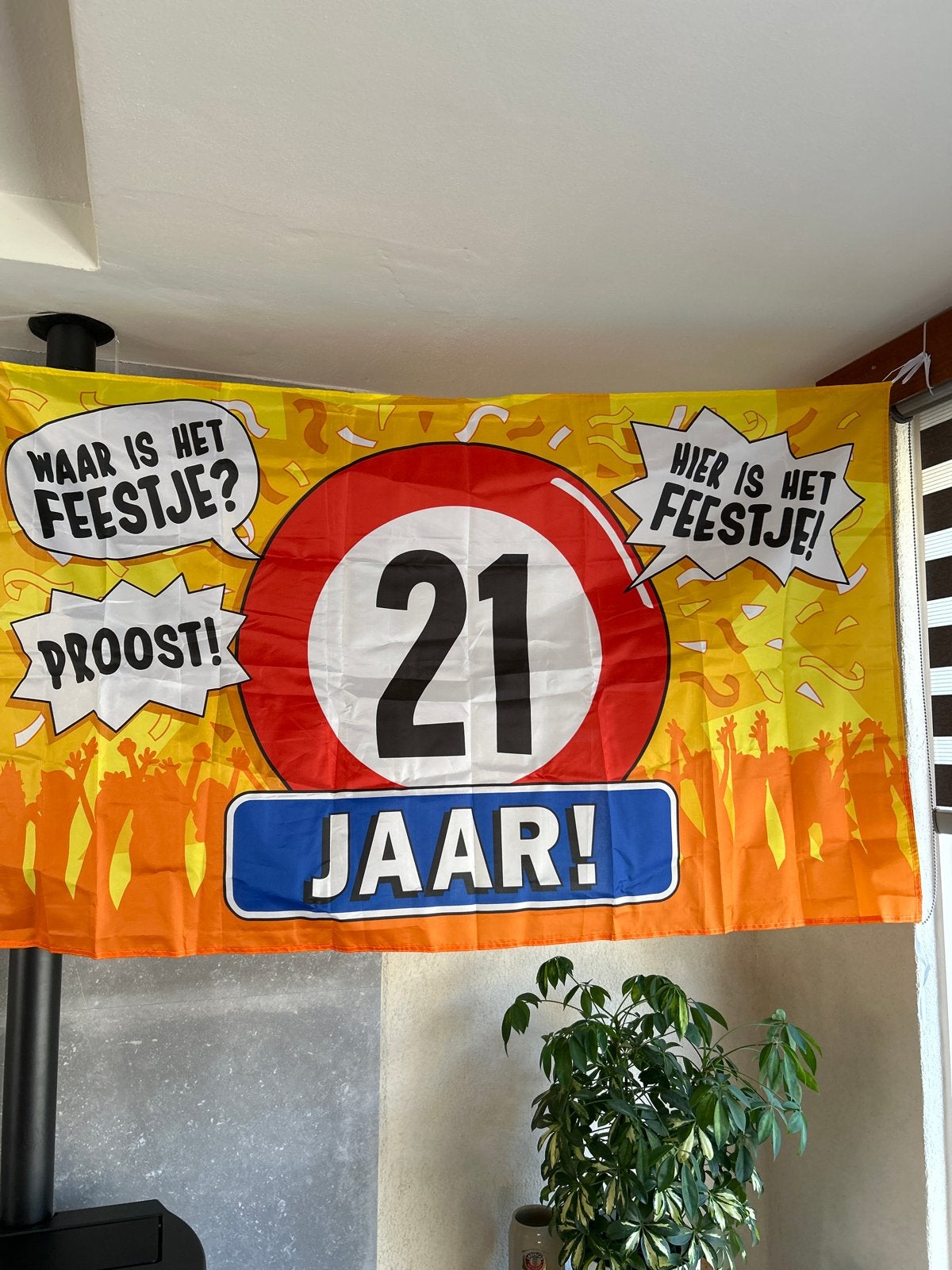 Feestbanner vlag  21 Jaar - Waar is het feestje?, Ophalen of Verzenden, Zo goed als nieuw, Versiering, Verjaardag